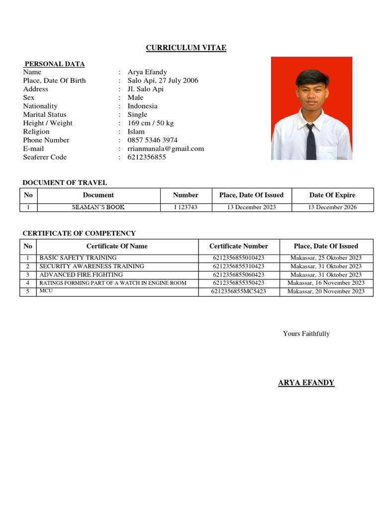 Arya Efandy's Seafarer CV and Certifications | PDF