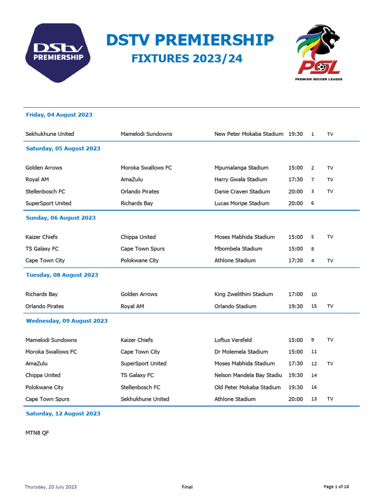 DSTV Premiership Fixtures 2023 2024 Season PDF Clubs And Societies