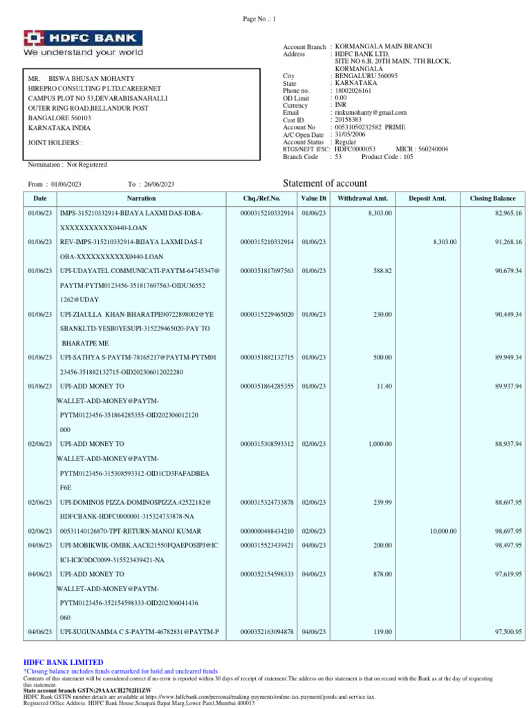 HDFC Bank Statement: June 2023 | PDF | Bangalore | Financial Services
