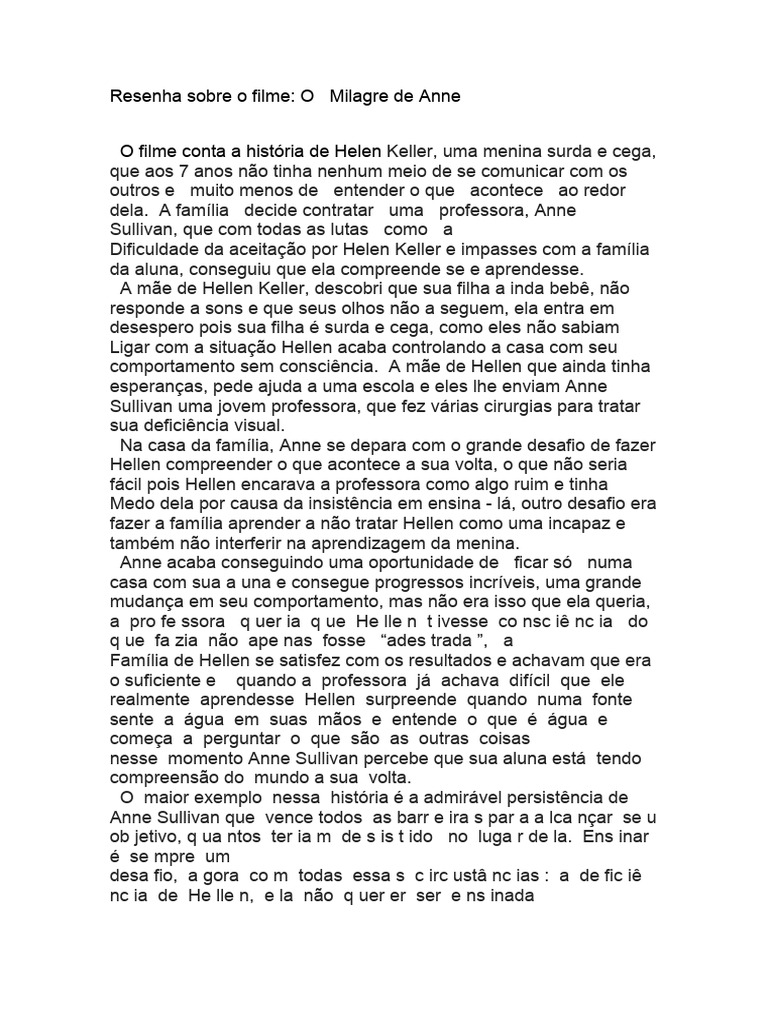 Resenha Sobre o Filme | PDF | Helen Keller | Deficiência visual