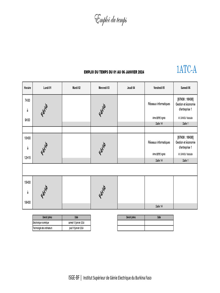 Emploi du temps ISGE-BF 01-06 Jan 2024 | PDF | Ingénierie informatique ...