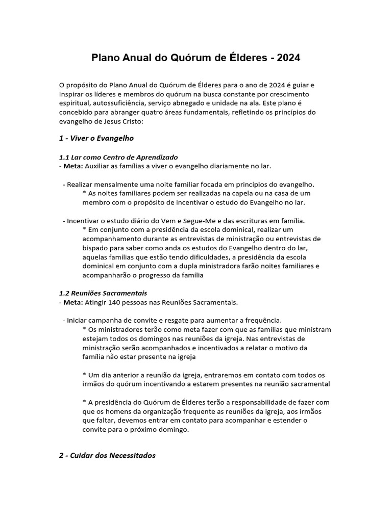 Plano Anual do Quórum de Élderes 2024 | PDF | Família | Igreja cristã