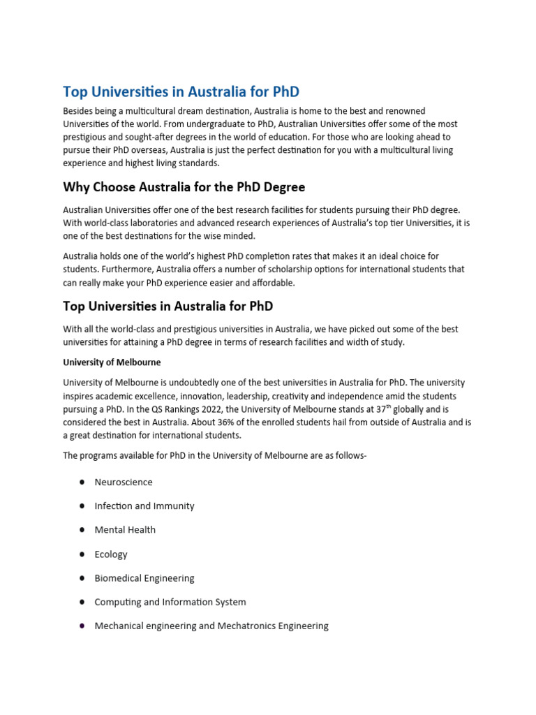 Top Australian Universities for PhD | PDF | University | Doctor Of ...