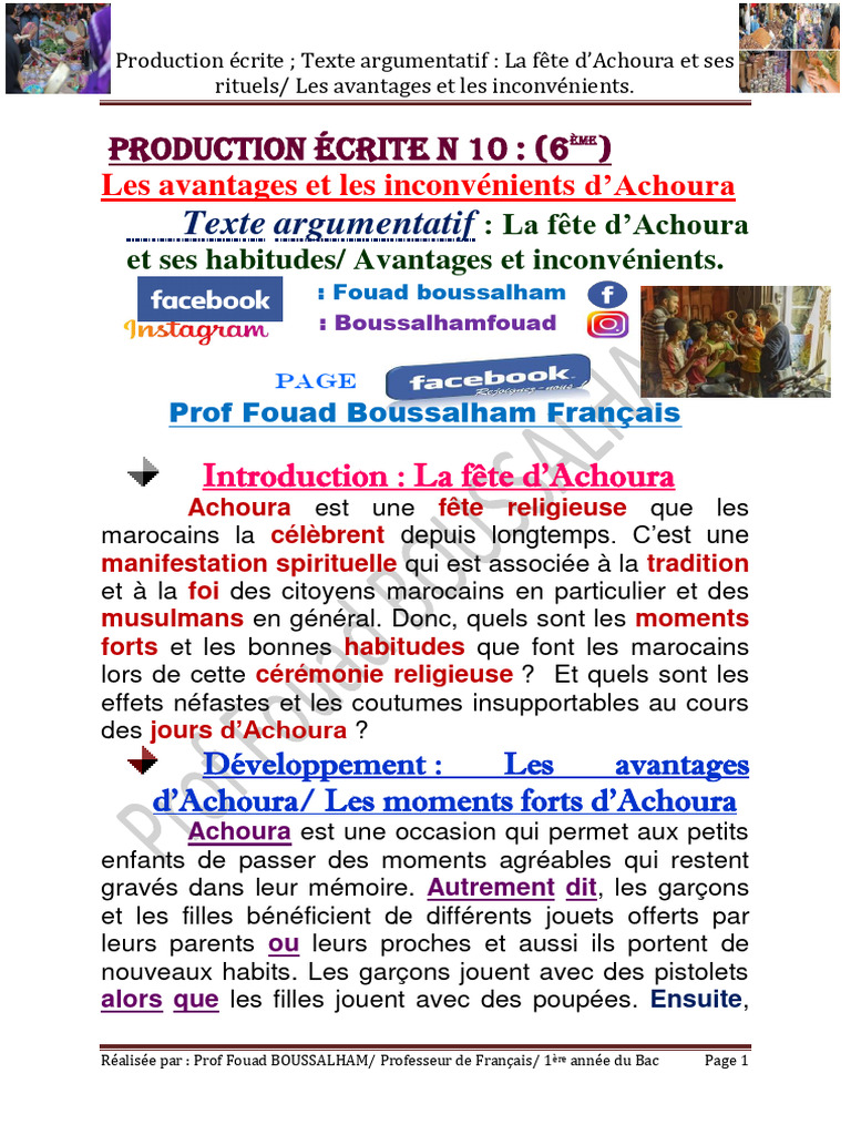 6ème, Achoura, Texte Argumentatif. Prof Fouad BOUSSALHAM | PDF