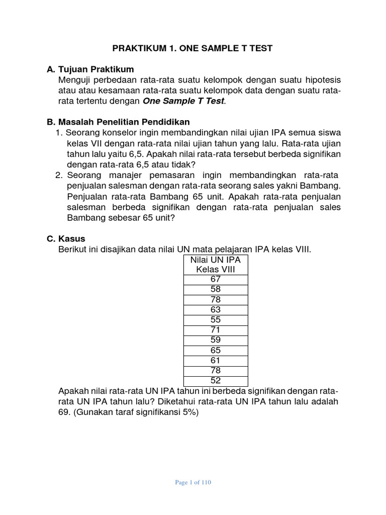 Praktikum One Sample T Test SPSS | PDF