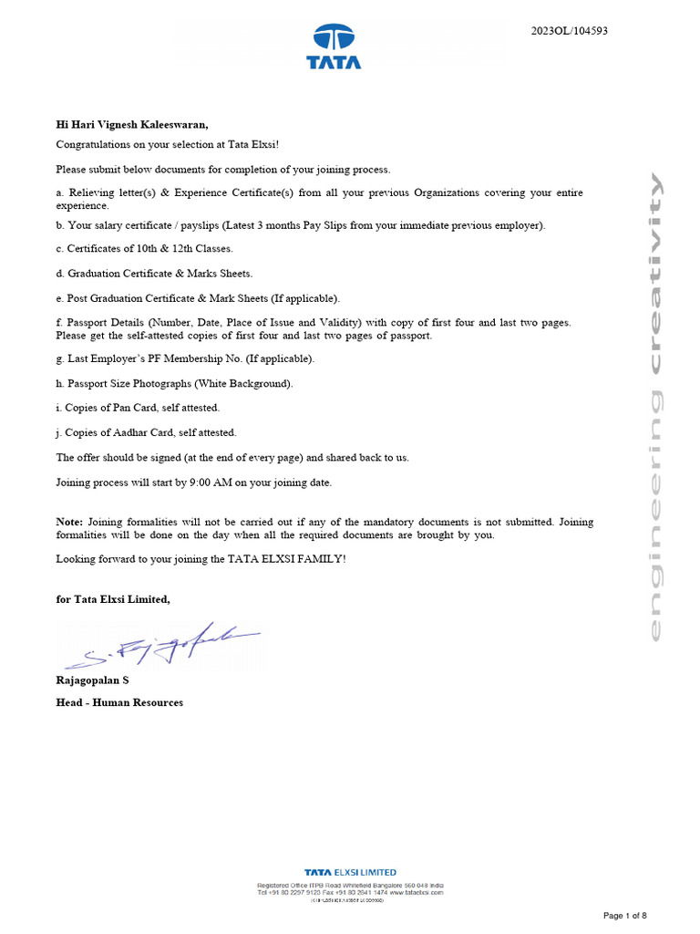 Tata Elxsi Joining Process Details | PDF | Occupational Safety And ...