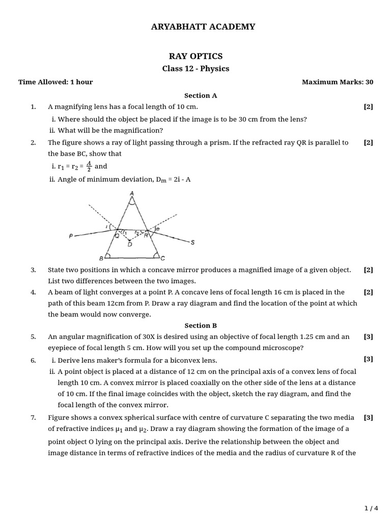 Ray Optics Practice Questions PDF Optics Radiation