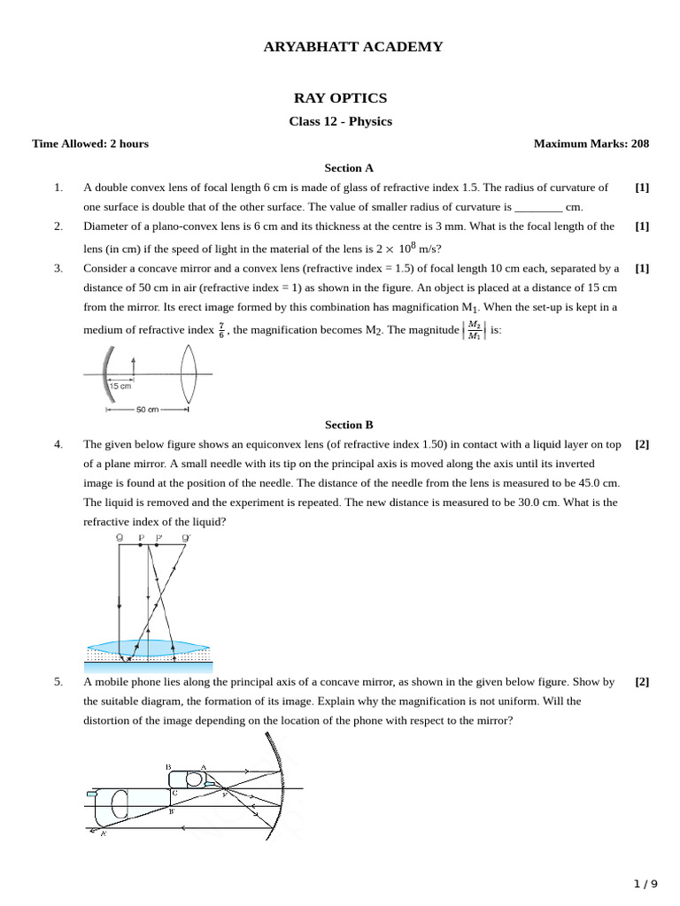Class 12 Physics: Ray Optics Exam Questions | PDF | Mirror | Refractive ...