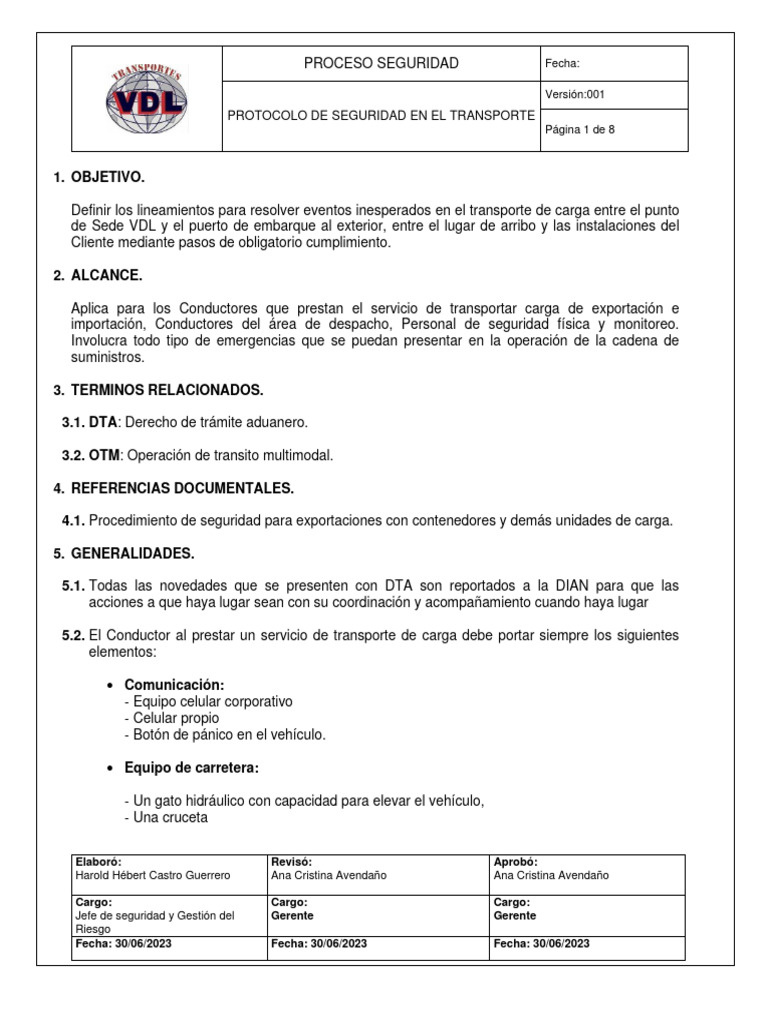 Protocolo De Seguridad En El Transporte Vdl Pdf Policía Transporte