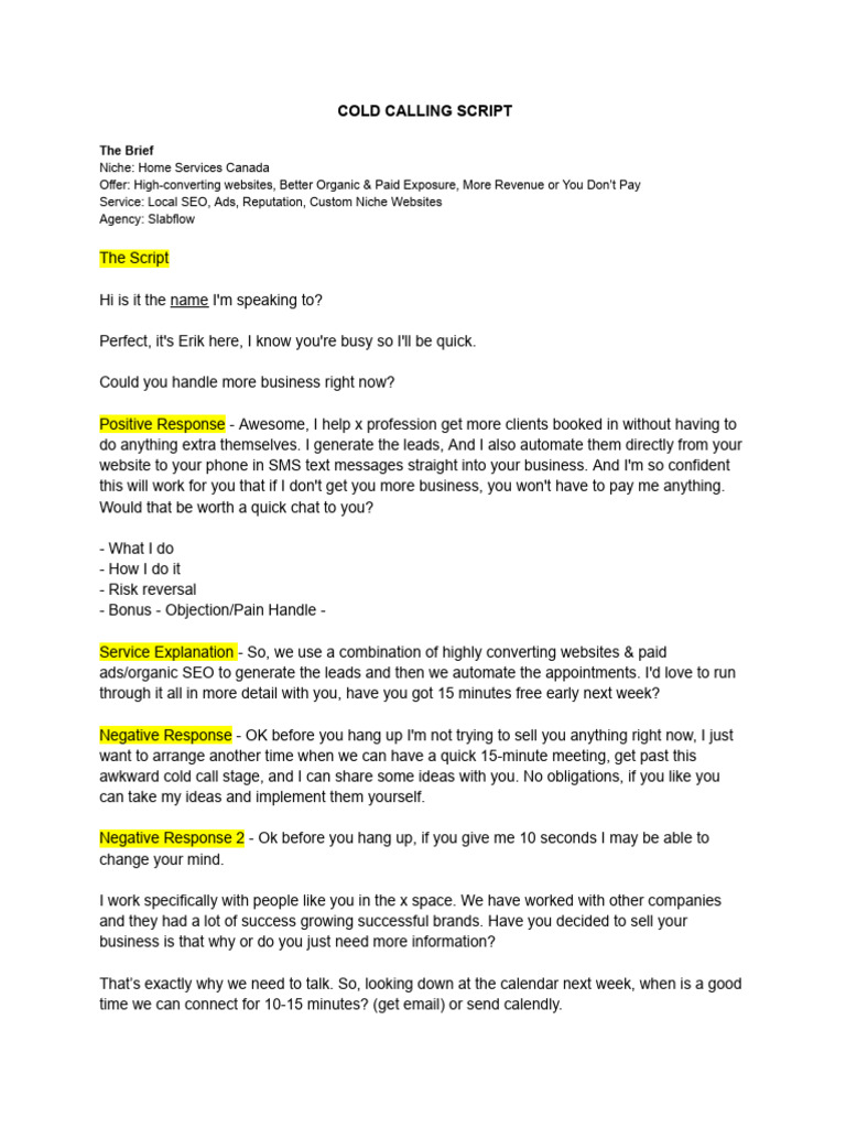 SEO Cold Calling Script for Home Services | PDF | Career & Growth