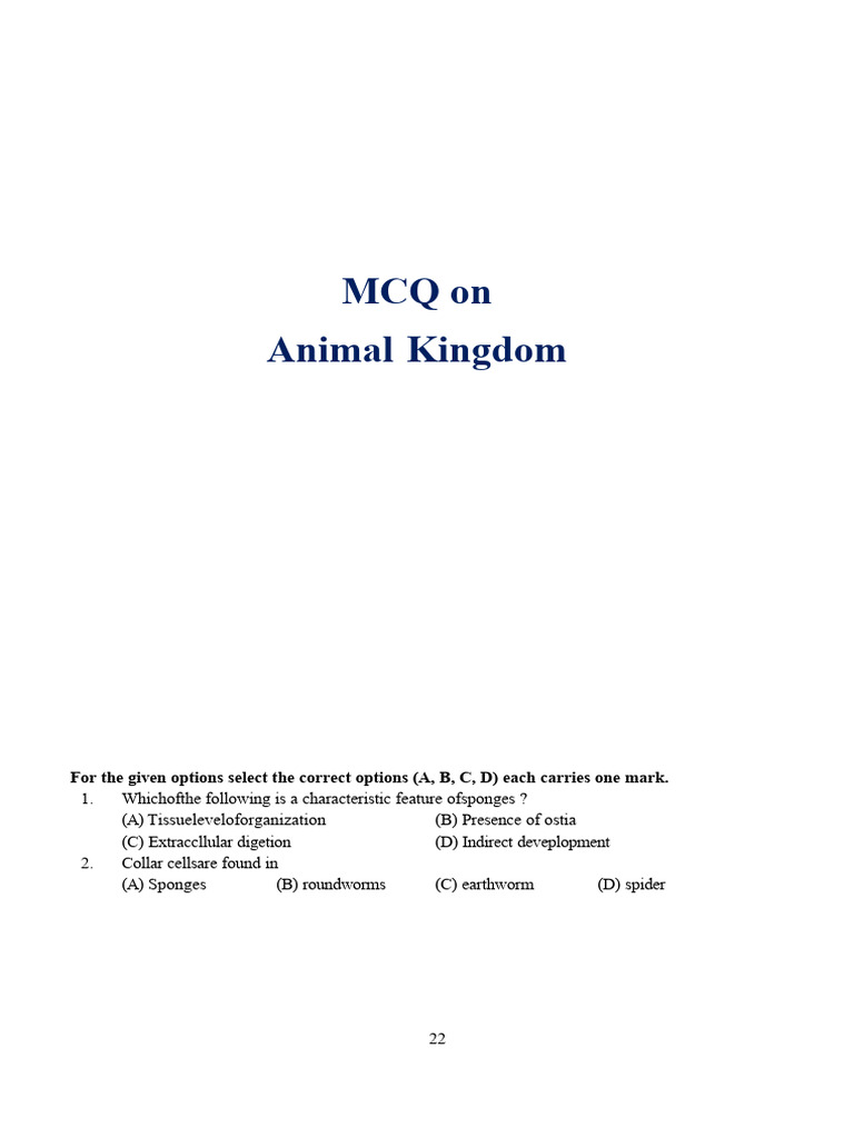MCQ On Animal Kingdom PDF Sponge Reptile