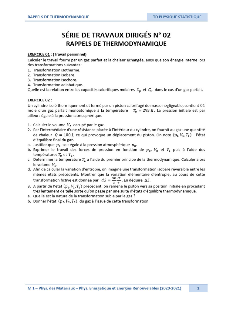 Rappels de Thermodynamique et Exercices | PDF | Thermodynamique | Chaleur