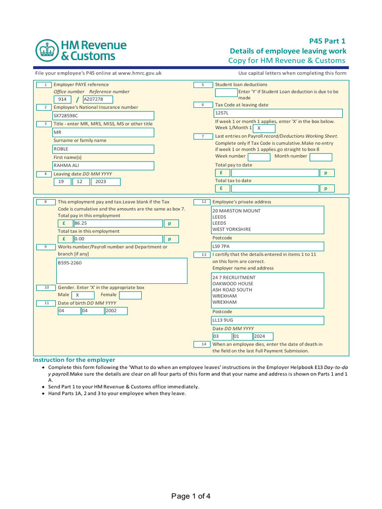P45 Employee Leaving Details Form | PDF | Payroll Tax | Taxes