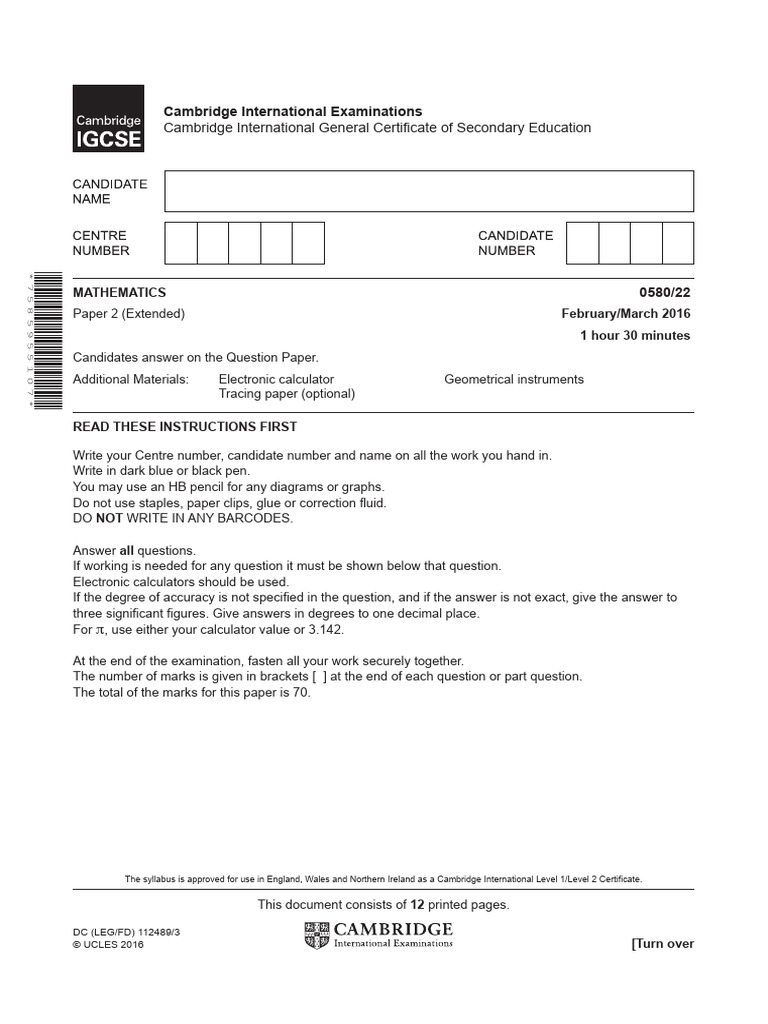 IGCSE Mathematics Paper 2 Extended 2016 | PDF | Area | Interest