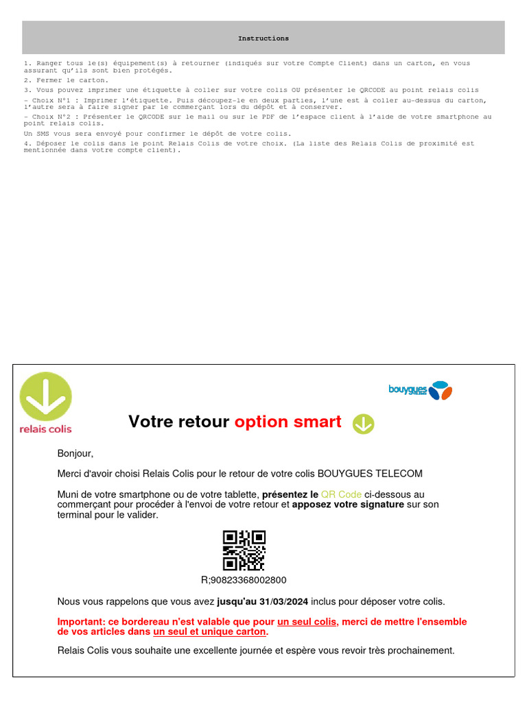 Retour colis Bouygues via Relais Colis | PDF | Code QR | Informatique