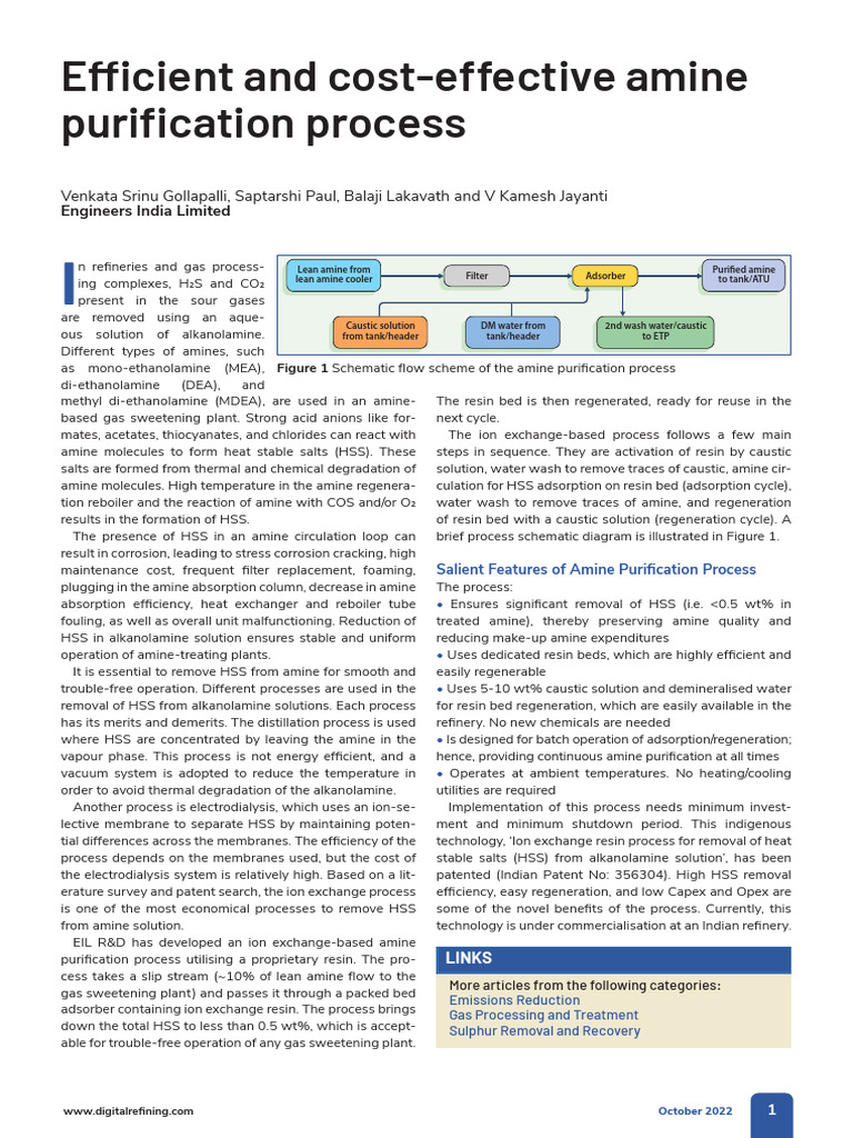 Efficient and costeffective amine purification process PDF Amine Process Engineering