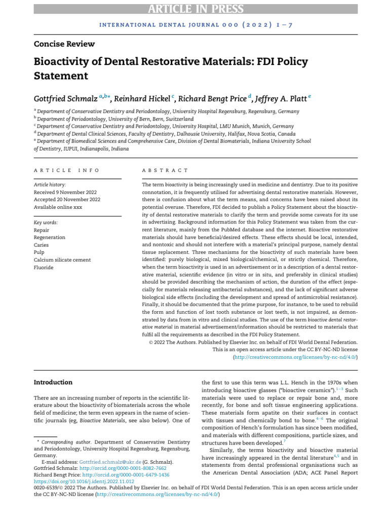 REV2022 Schmalz Bioactivity of Dental Restorative Materials FDI | PDF ...