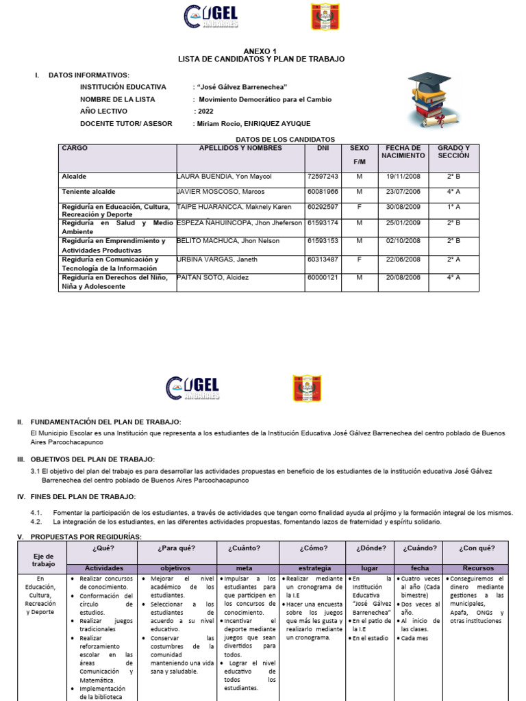 Plan de Trabajo y Lista de Candidatos | PDF