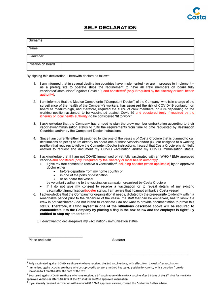 Costa Crew COVID Vaccination Declaration | PDF | Vaccines