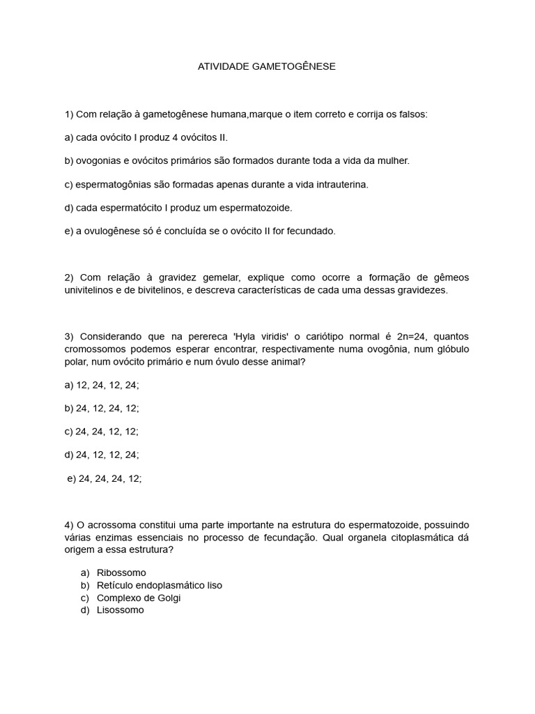 Atividade sobre Gametogênese e Gravidez | PDF | Bem-estar | Ciências e ...