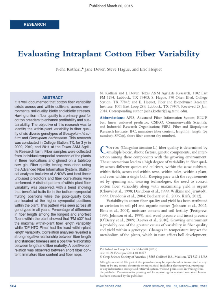 View of Intraplant Variability in Cotton Fiber Quality | PDF | Analysis Of ...