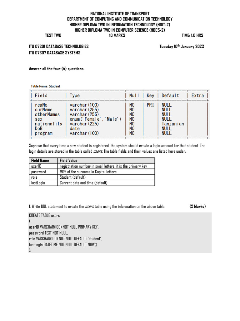 Database Test Two SCHEME | PDF | Password | Information Technology