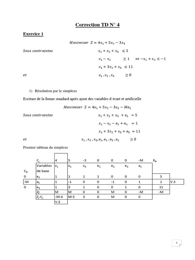Correction TD N° 4 - Optimisation Simplexe | PDF | Algèbre linéaire ...