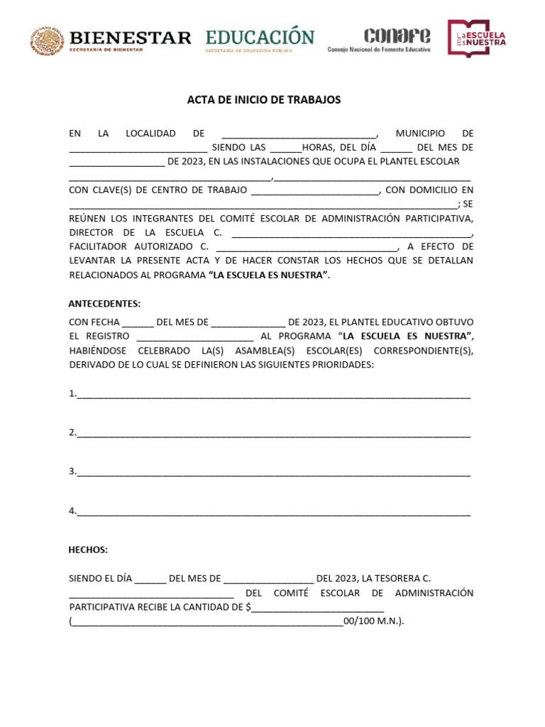 Acta de Inicio de Trabajos Escolares | PDF