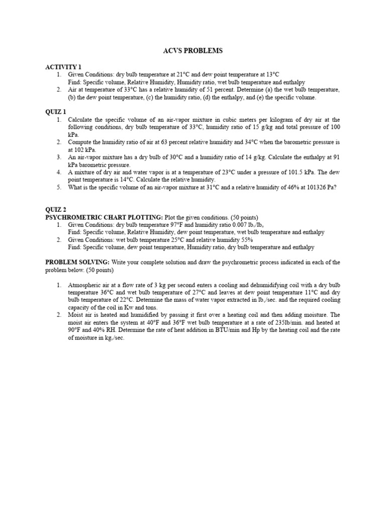 Acvs Problems Topic 1 n 2 PDF Humidity Temperature