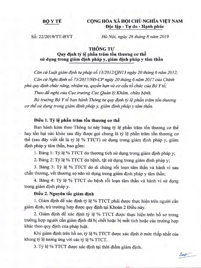 Thông Tư 22 - 2019 - TT-BYT Tỉ Lệ Thương Tật | PDF