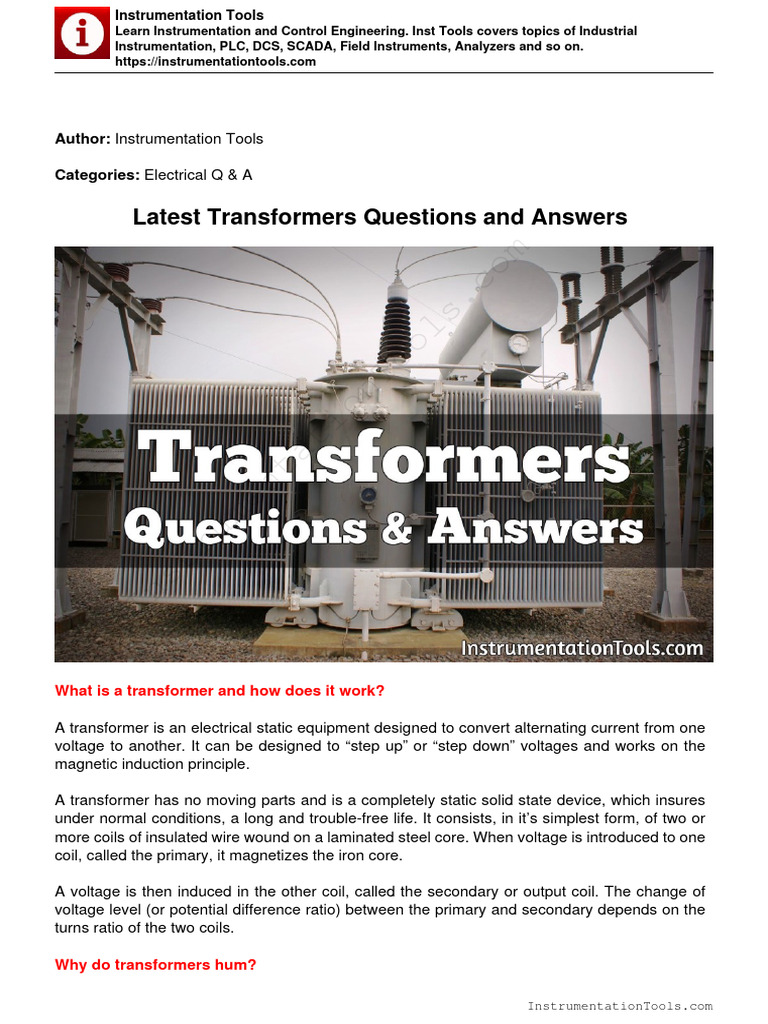 Latest Transformers Questions Answers PDF Transformer Inductor