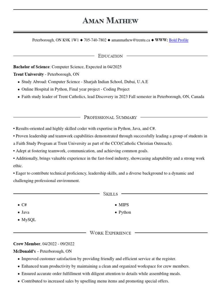 A Man Mathew Resume 2024 Jan PDF Leadership