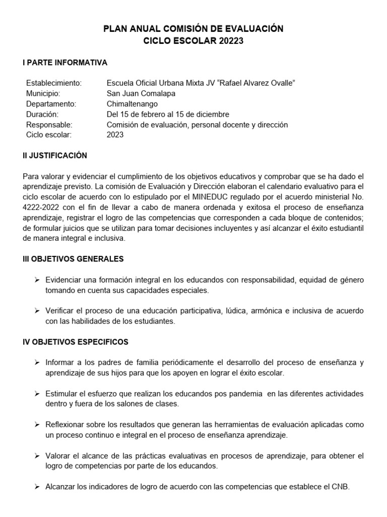 Plan Anual Comision de Evaluacion 2023 | PDF