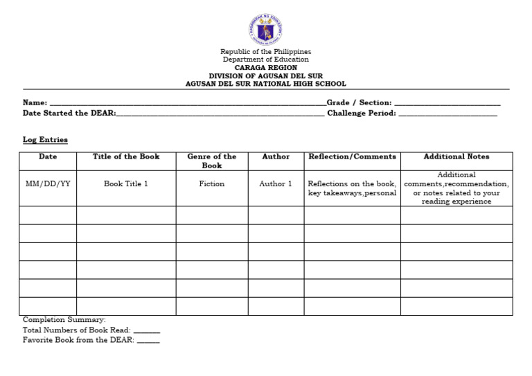 High School Reading Log Template | PDF