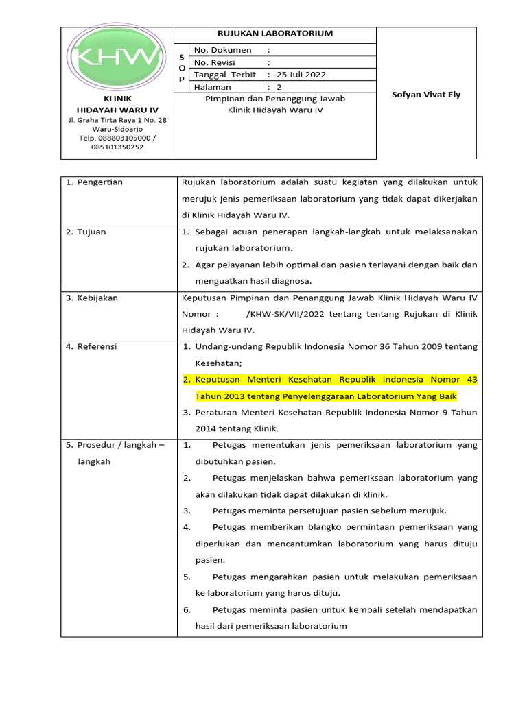 Prosedur Rujukan Laboratorium Klinik Hidayah Waru | PDF | Sains ...