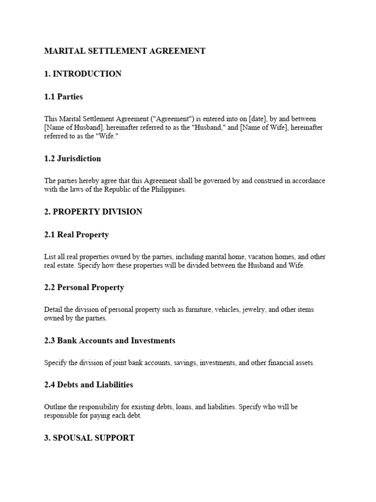 Marriage Settlement Agreement template PDF