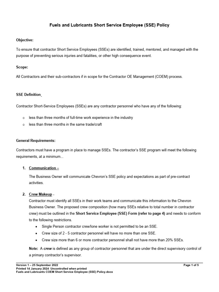 Short Service Employee (SSE) Policy Fuels and Lubricants PDF