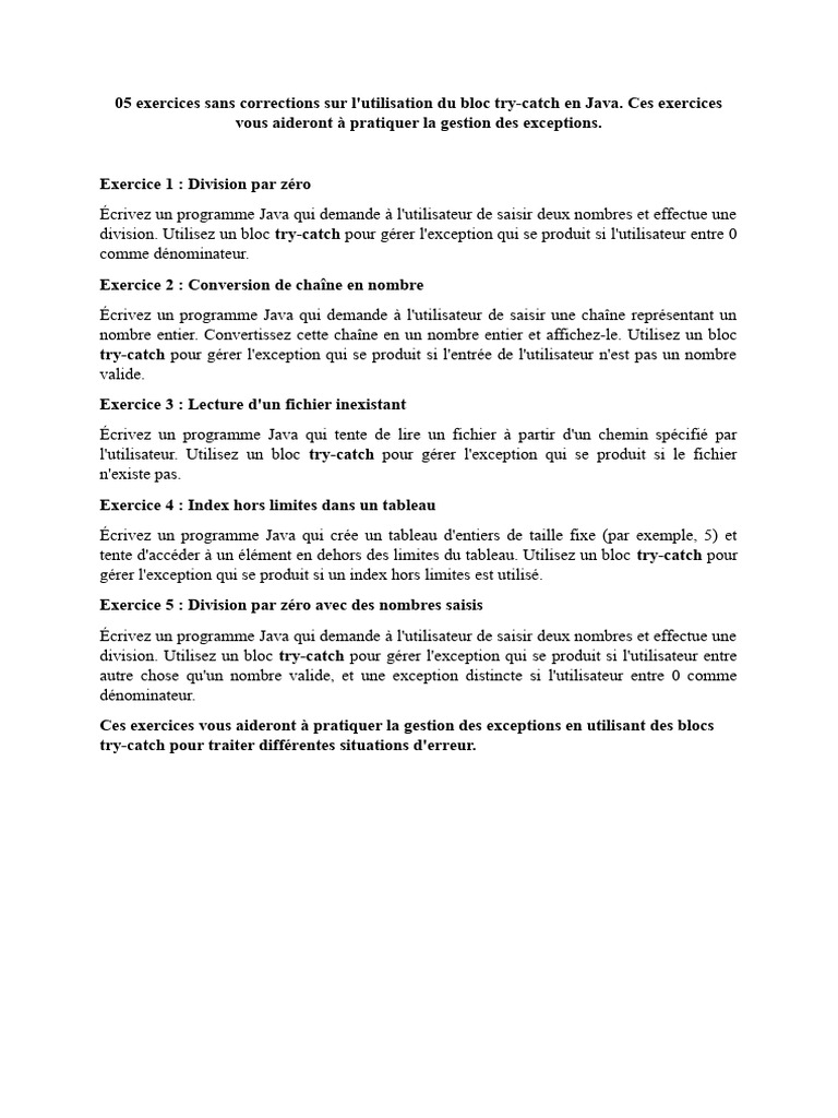 05 exercices sans corrections sur try catch PDF