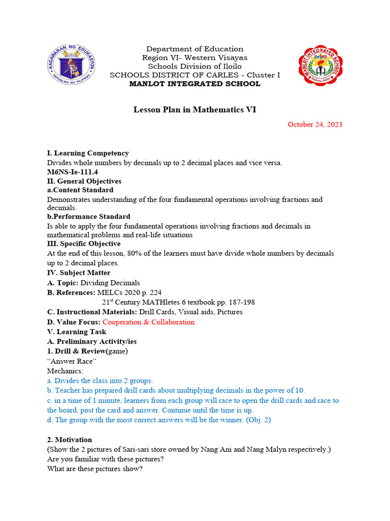 Grade 6 Lesson Plan: Dividing Decimals | PDF | Learning | Educational ...