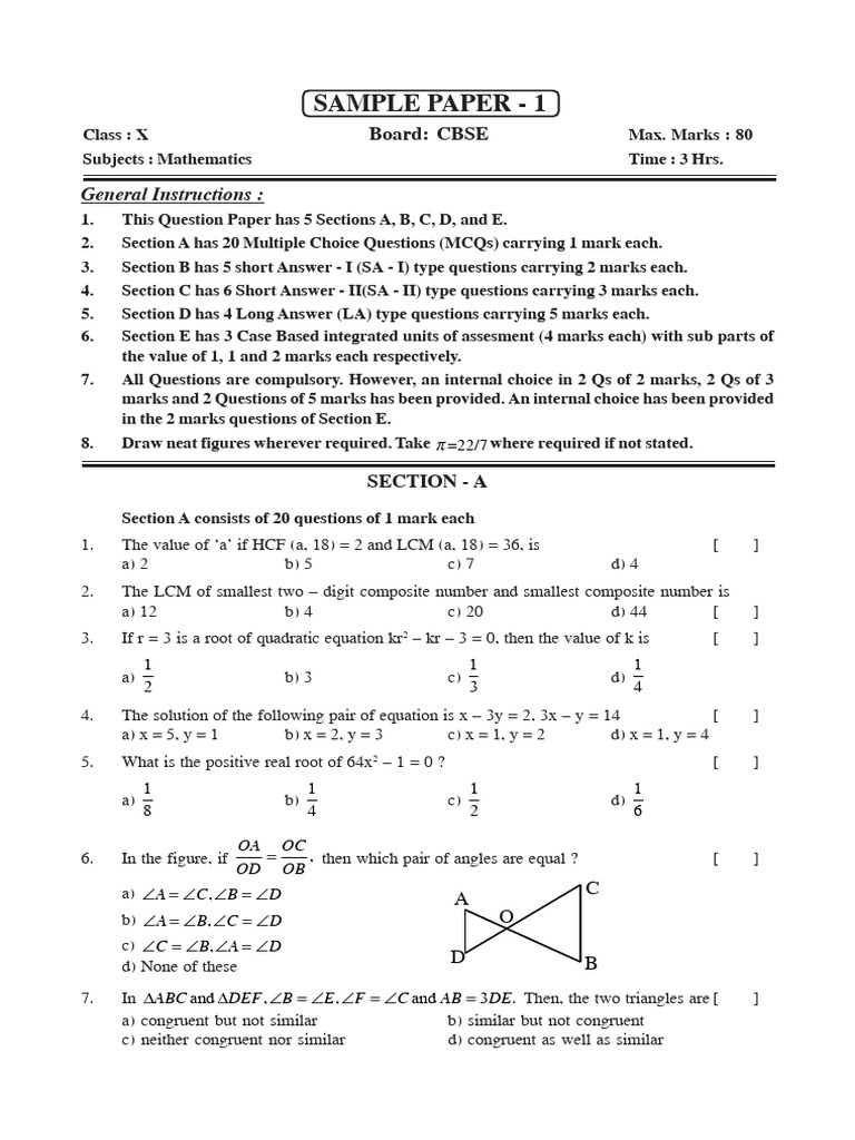 CBSE Class 10 Mathematics Sample Paper | PDF | Area | Circle