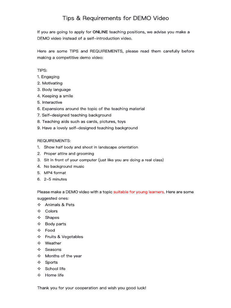 Tips&Requirements For DEMO Video | PDF