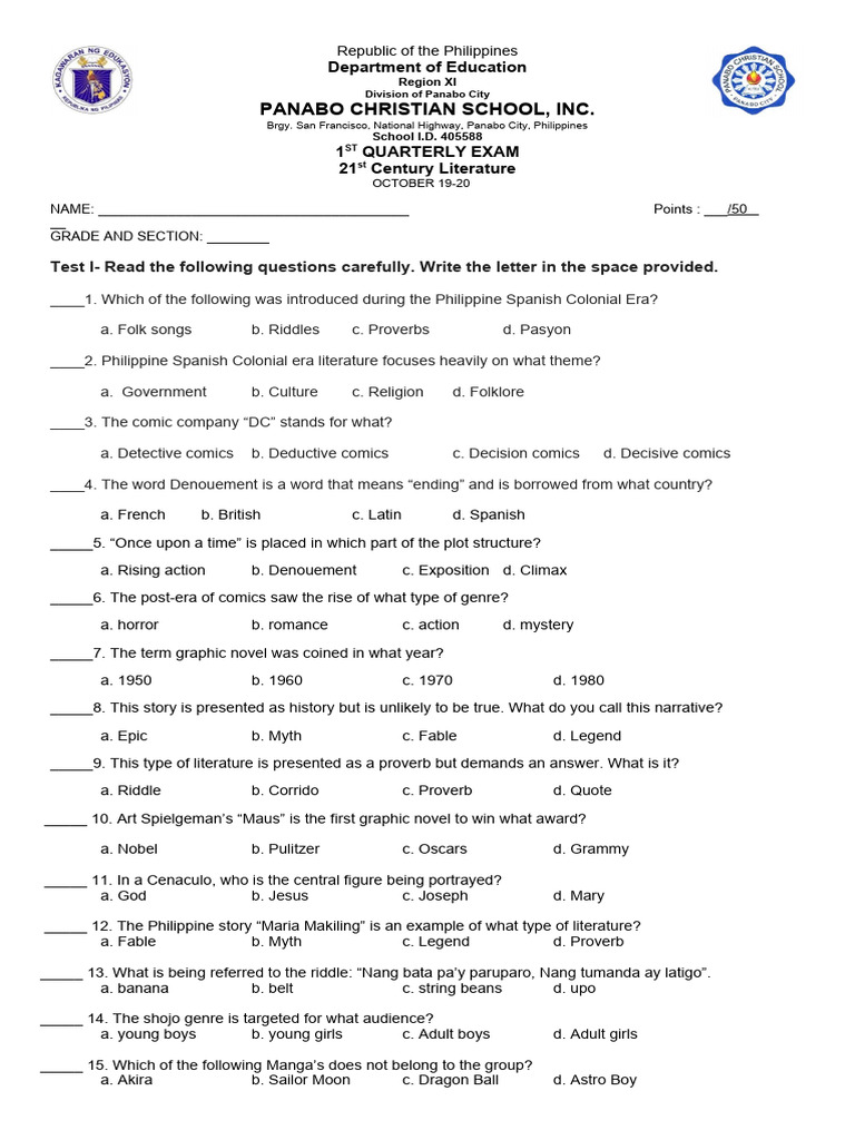 21st Lit 1ST QUARTER EXAM | PDF | Social Science | Young Adult