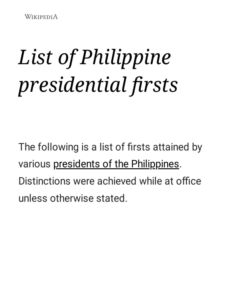 List of Philippine presidential firsts Wikipedia PDF President Of