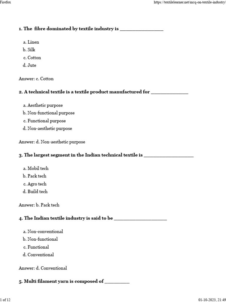 (MCQ) on Textile Industry PDF Textiles Fibers