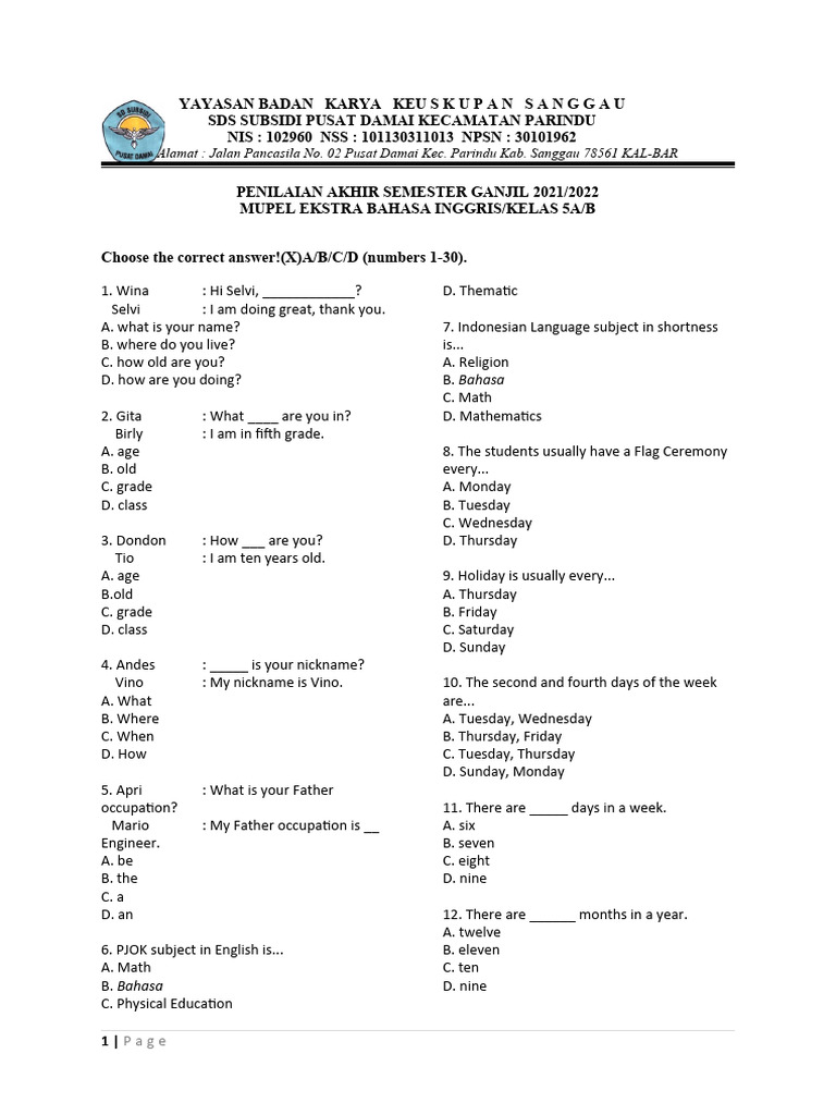 English Mid Semester Assessment 5th Grade Pdf