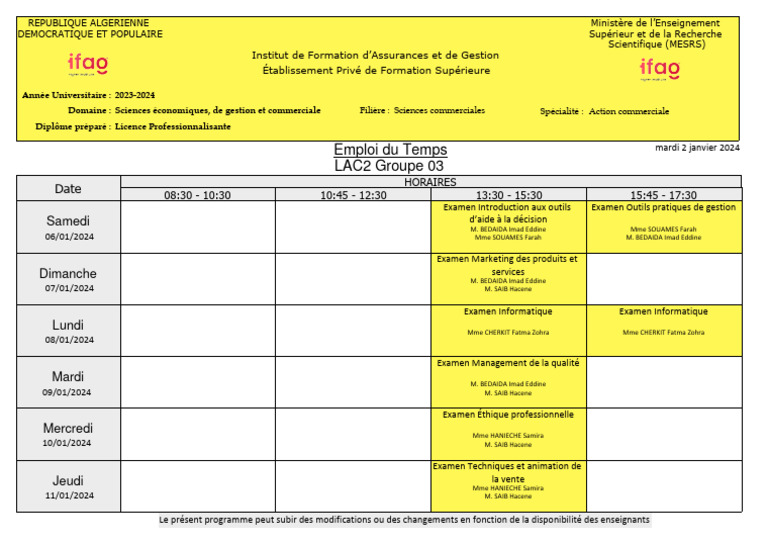 Emploi du Temps Licence Pro 2023-2024 | PDF