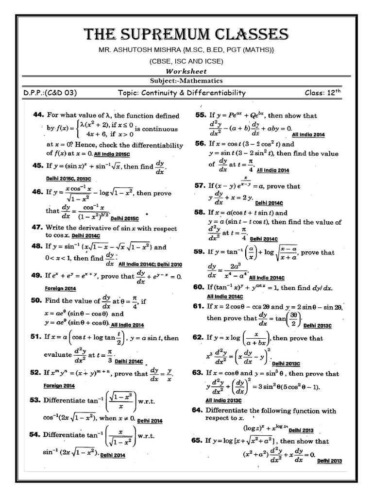 Class 12 th continuity differentiability worksheet tsc pdf