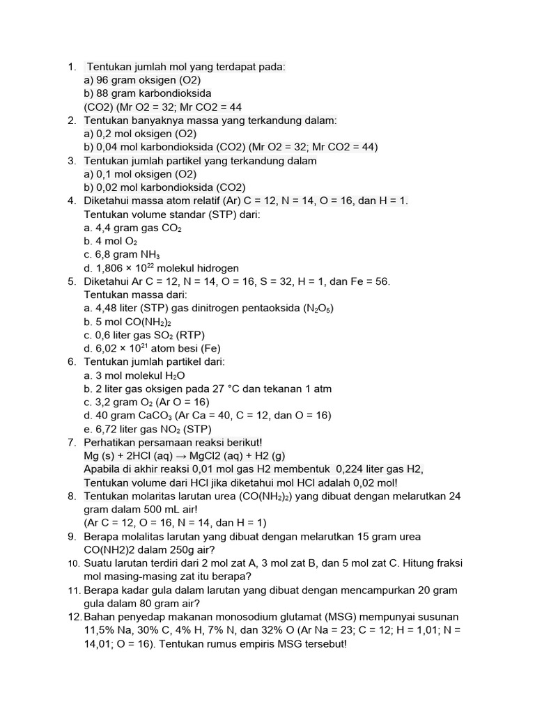 Soal Stoikiometri dan Konsep Mol | PDF | Metode & Bahan Ajar ...