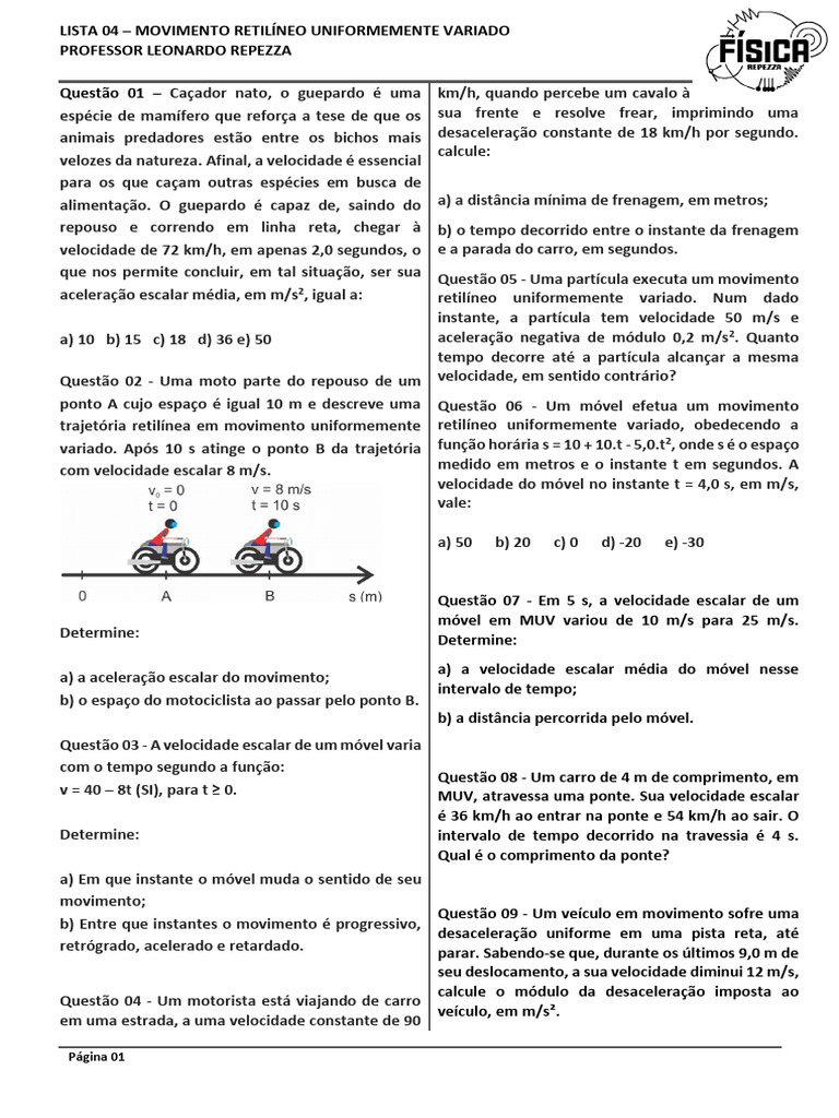Exercícios de Movimento Retilíneo Variado | PDF | Velocidade | Velocidade