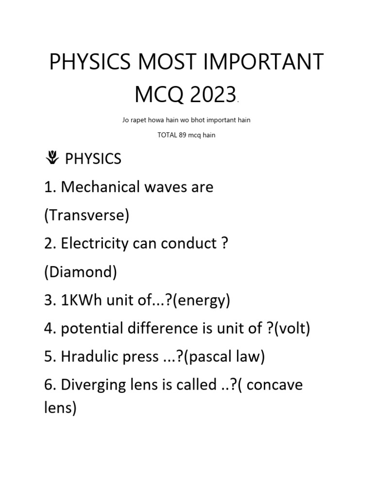 Physics Most Important MCQ 2023 | PDF | Waves | Mirror